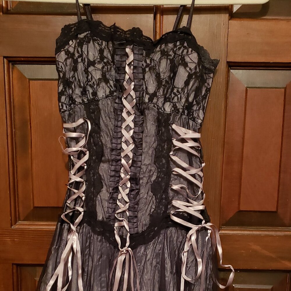 Ladies Sz M Morbid Threads goth semi-formal dress; used; dry clean; black/grey